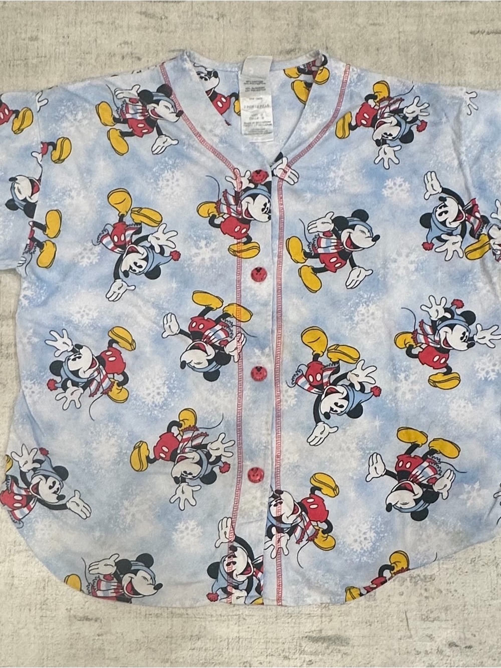 Vintage Disney Mickey Mouse Winter Holiday Pajama Top | Snowflake Button Up